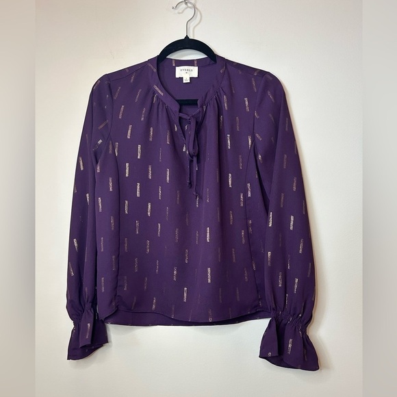 Everly Tops - EVERLY Plum and Gold Abstract Long Sleeve Blouse Size S